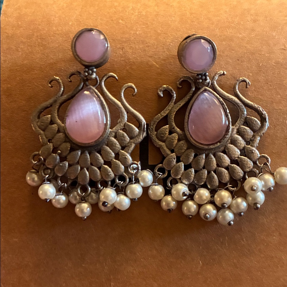 Elegant Silver and Pink Stone Earrings with Pearls